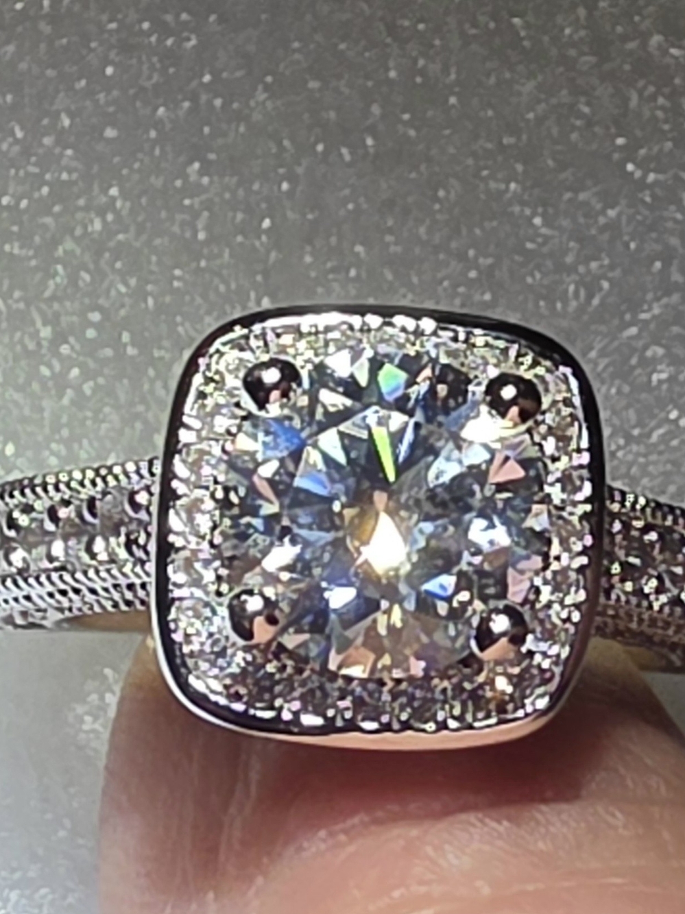 Silver Halo Cushion Engagement Ring with White Center Stone
